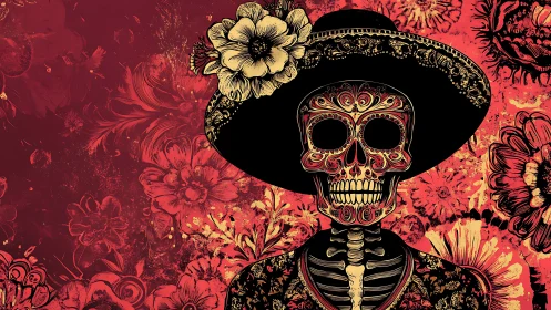 Calavera portrait in ornate sombrero over crimson florals.