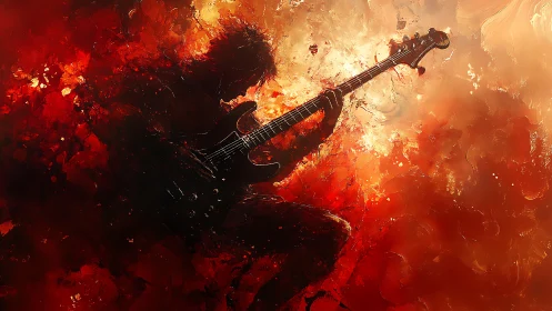 Silhouetted guitarist plays electric bass amid fiery abstract