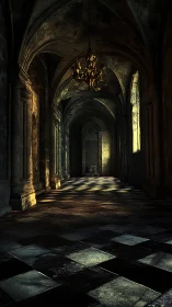 Gilded chandelier broods above a shadow-soaked stone hall.