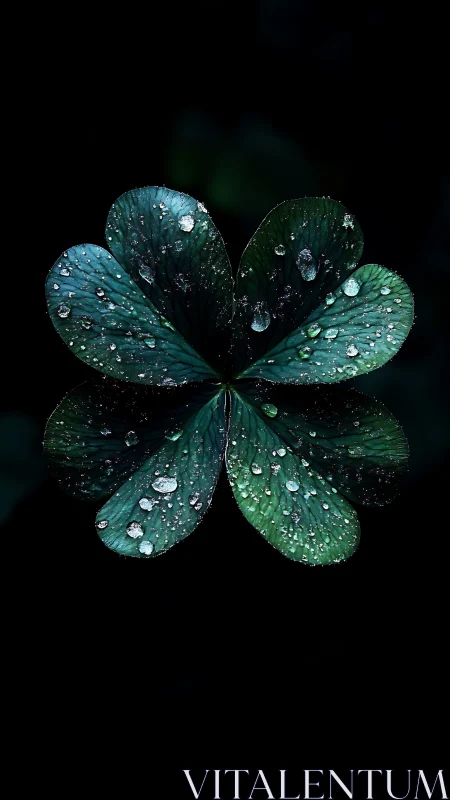 Midnight clover heart glows under scattered silver raindrops
