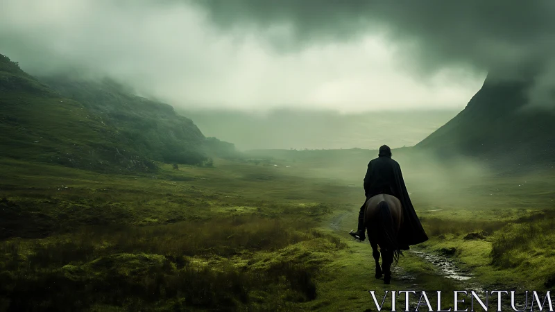 Lone rider wandering through misty green valley calm and quiet.