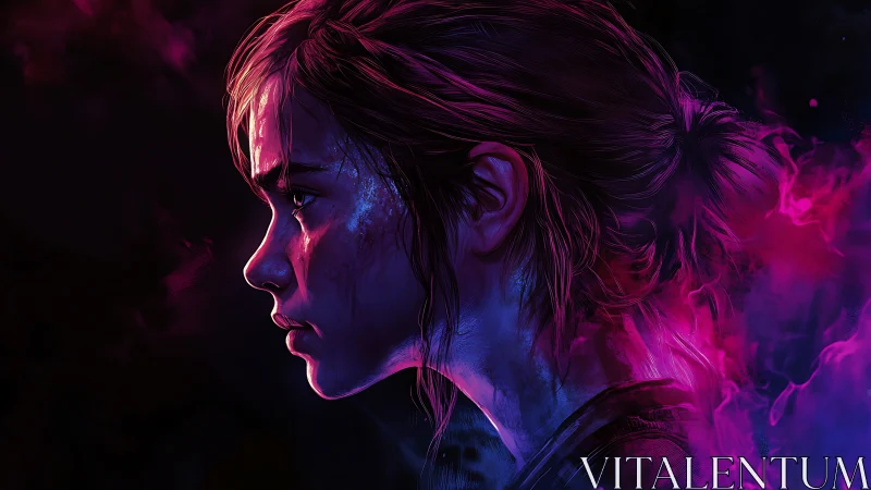 Neon-lit warrior girl gazes ahead through swirling magenta haze