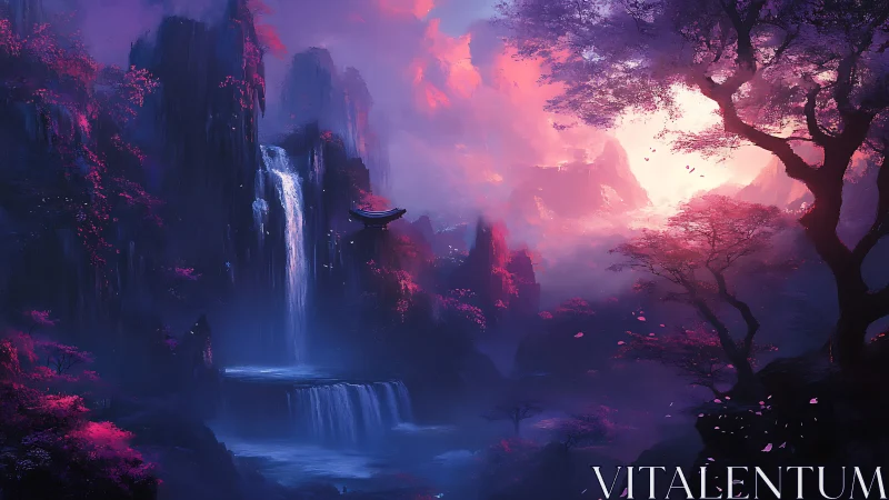 Mystic waterfall valley glows in ethereal purple dawn light.