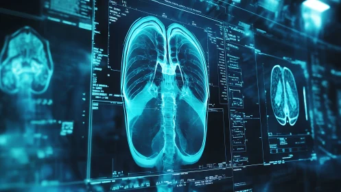 Futuristic lung X‑ray interface in glowing cyan panels.