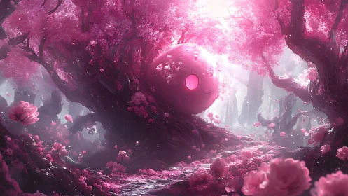 Gentle pink forest spirit resting beneath blooming boughs.