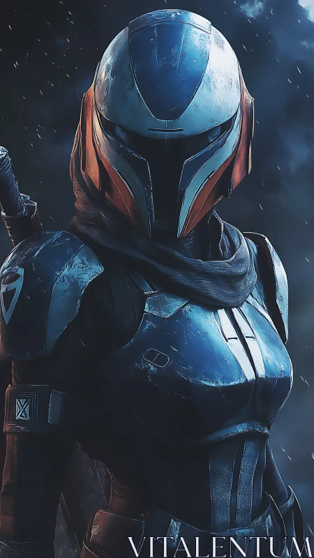 Armored sci-fi warrior stands vigilant in stormy night.