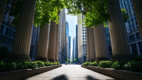 City street framed by tall columns and bright green trees.