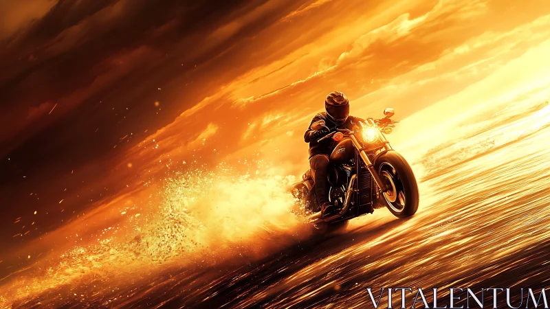Sunset throttle rider carving molten waves of firelight.