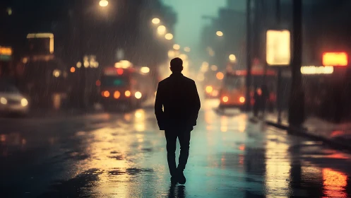 Solitary male silhouette on rain-soaked nocturnal city street