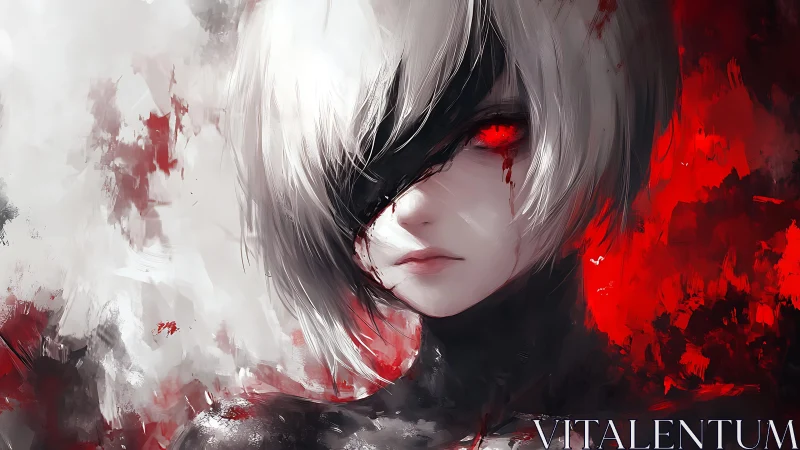 Silver‑haired android with bleeding red eyes stands defiant.