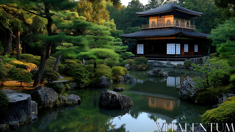 Zen pavilion beside reflective pond amid lush Japanese garden.