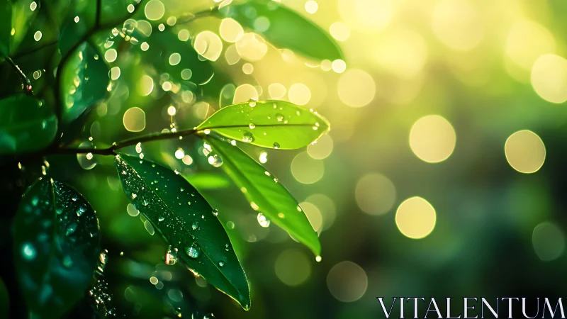 Dewlit green leaves against luminous bokeh backdrop.