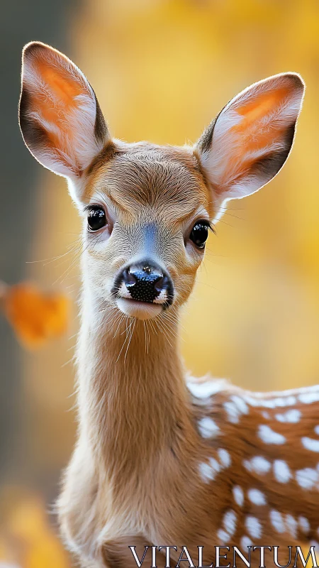 Photorealistic portrait of a young fawn against autumn bokeh.