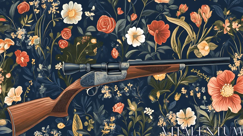Ornate hunting rifle lies amid dark, lush floral backdrop