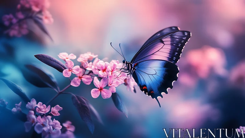 Blue butterfly resting on pink blossoms in soft light.