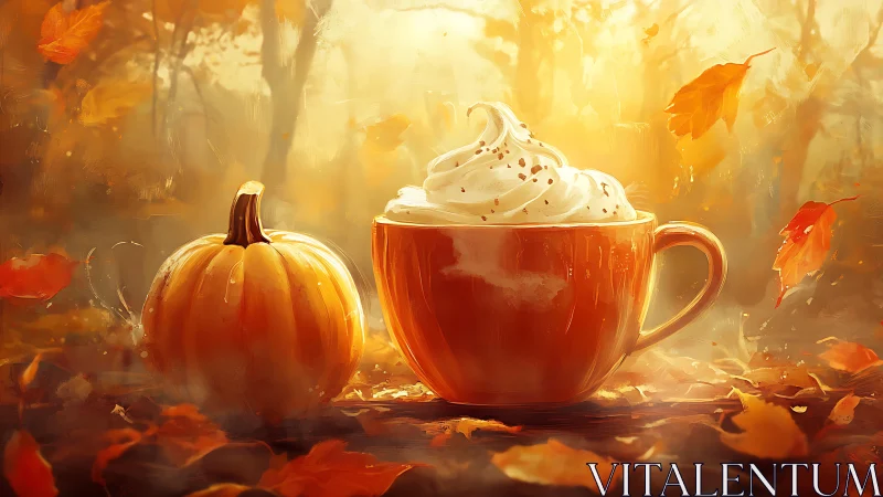 Autumnal pumpkin latte rendered with warm bokeh lighting and mist