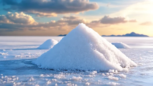 Sunlit salt mound on reflective frozen landscape at dusk.