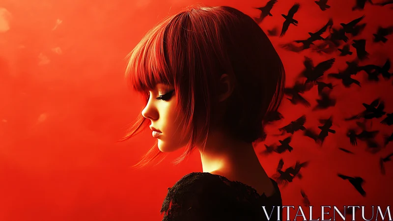 Crimson daydream girl exhales a storm of shadowed birds