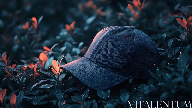 Dark cap lies on wet foliage under teal and orange bokeh lighting