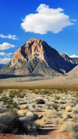Sunlit desert monolith beneath a wandering cotton cloud.