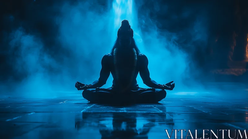 Silhouetted yogi meditating in blue atmospheric light.