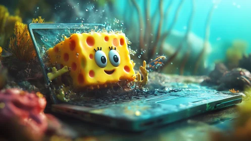 Yellow cartoon sponge exiting laptop in underwater scene.