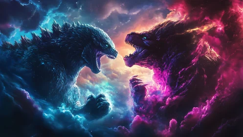 Celestial kaiju roar twin cosmic storms into furious life