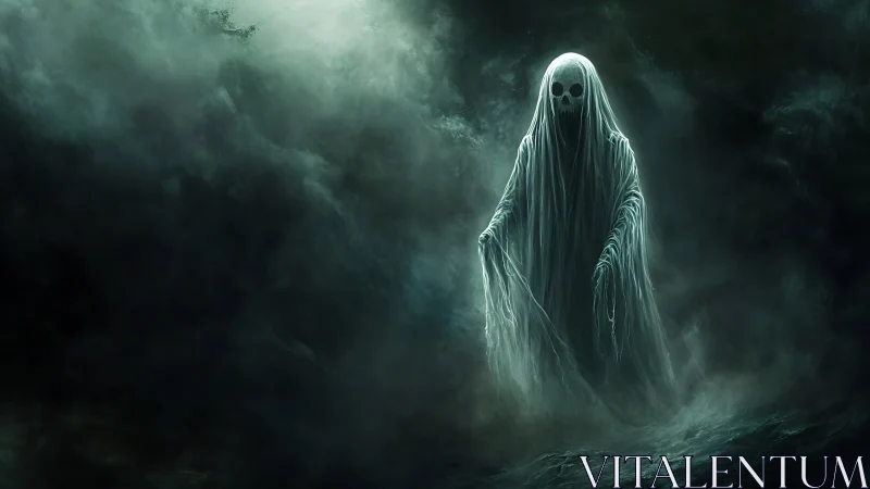 Shrouded skull wraith drifting through stormborn midnight mists.