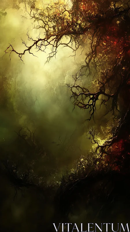 Roots of twilight curl through a burning forest sky