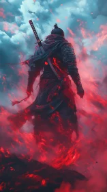 Armored samurai silhouette in red ethereal flame and storm clouds