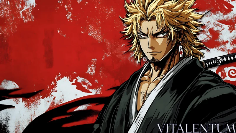 Samurai swordsman portrait with dynamic brush-textured red backdrop