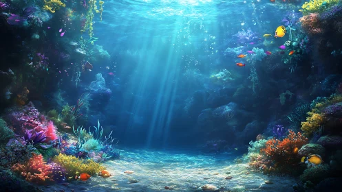 Sunlit coral amphitheater cradles drifting tropical jewels