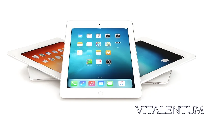 Three White iPads Display Vibrant Home Screens Side by Side.