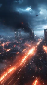 Futuristic metropolis burns under storm driven orbital strike.