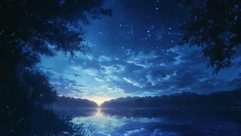 Starlit river horizon glows under deep midnight blue sky
