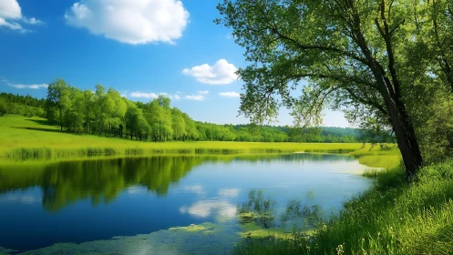 Vibrant lakeside meadow with reflective still water surface.