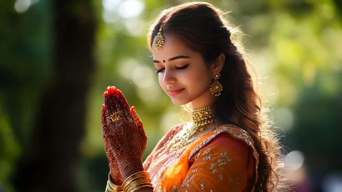 Sunlit bridal serenity in marigold silk and ornate mehndi.