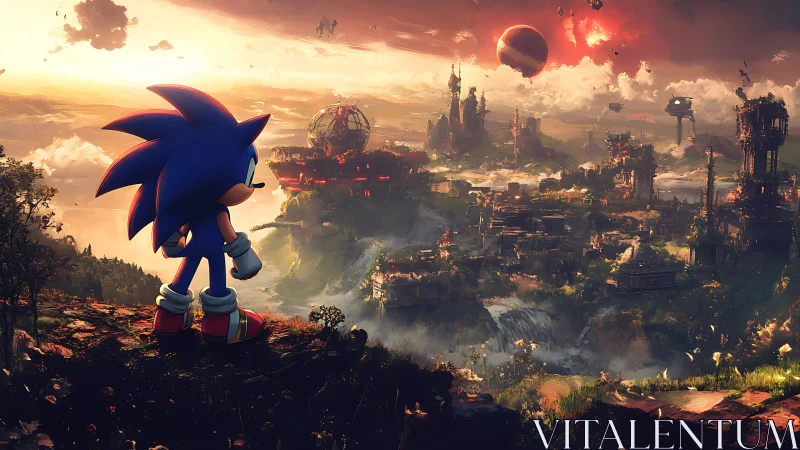 Heroic blue hedgehog quietly surveys a glowing ruined world