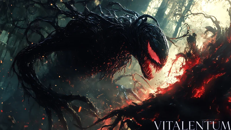 Sinister symbiotic entity lunges through infernal forest haze