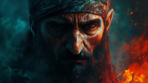 Bearded man portrait in blue smoke and orange fire light.