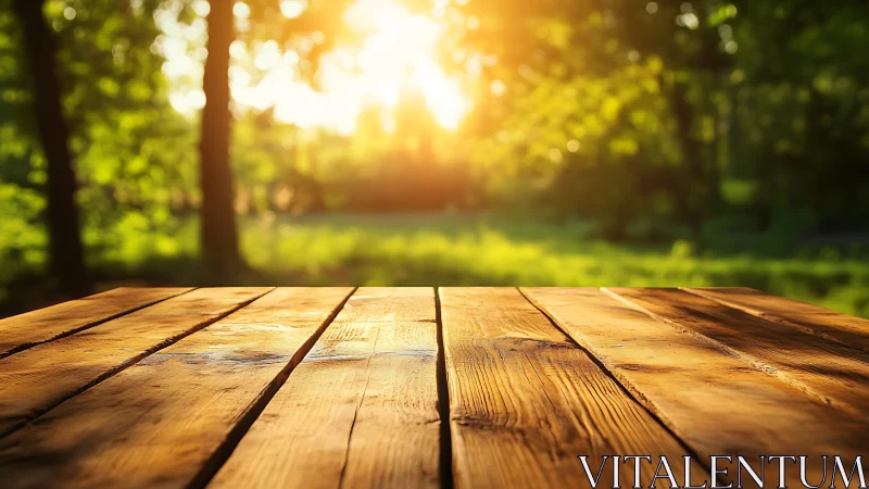 Rustic Wooden Table in Sunlit Forest, Warm Outdoor Nature Scene.