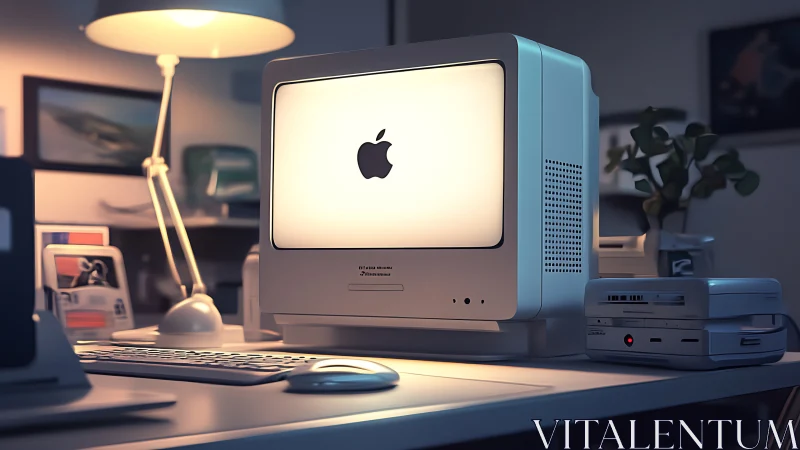 Retro Apple desktop glowing softly in moody office light.
