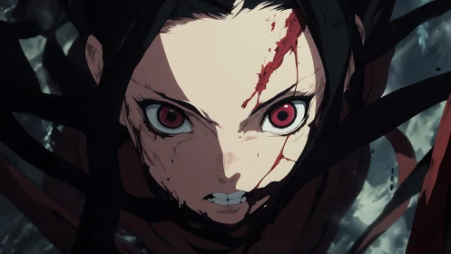 Bloodstreaked anime warrior unleashing feral, crimson gaze.