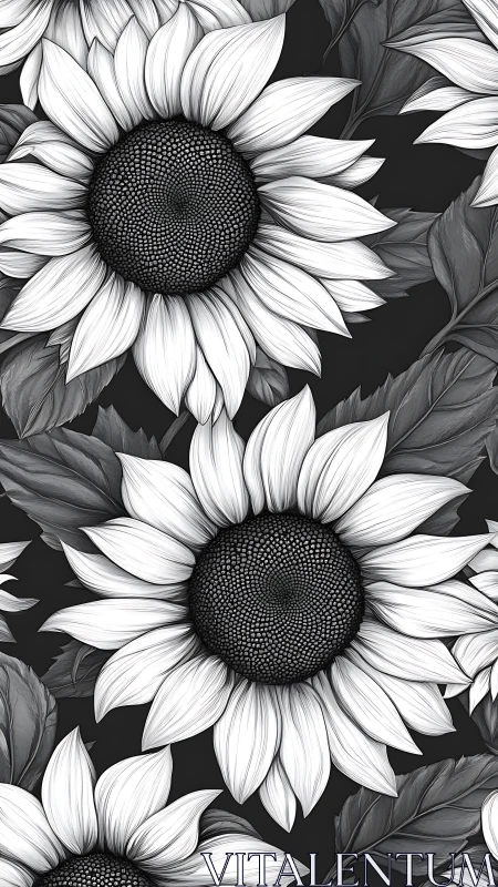 Monochromatic sunflowers rendered in intricate black ink line work.