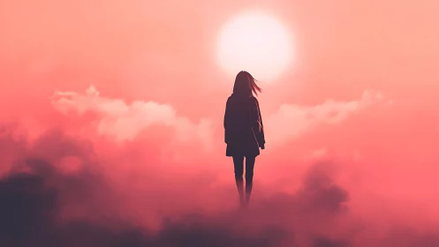 Solitary silhouette walking through radiant sunset clouds.