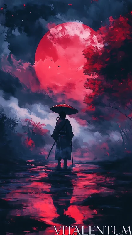 Lone wanderer greets a crimson moon above mirrored waters