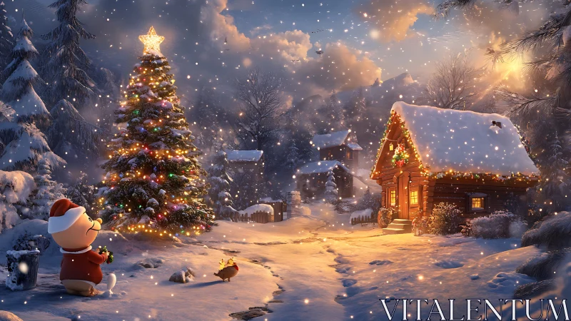 Snow-covered cabin with lit tree and cartoon figures at dusk.