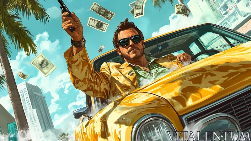 Urban outlaw in yellow muscle car amid flying cash storm.