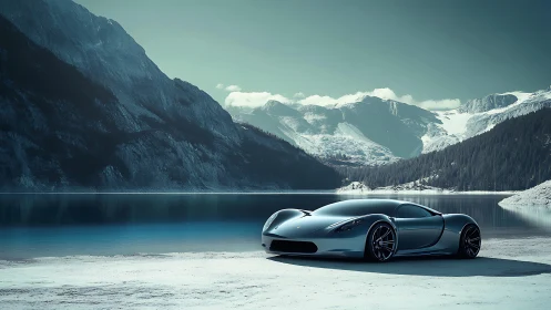Futuristic silver supercar beside icy alpine lake at dusk.