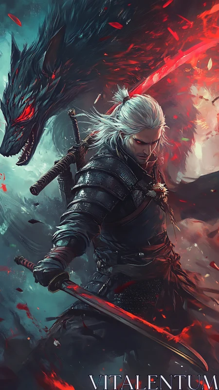 White-haired warrior clashes with spectral wolf in blazing duel.